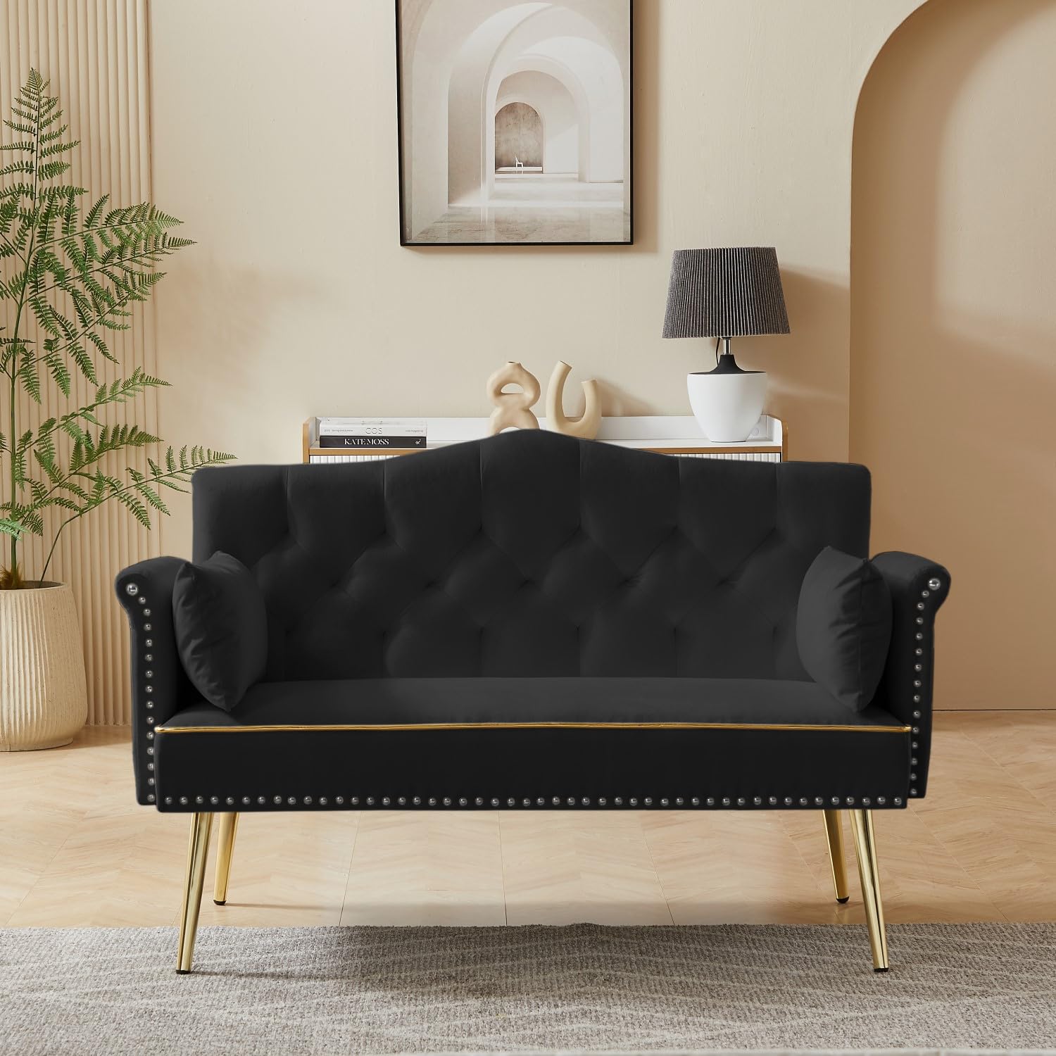 Small Velvet Loveseat Sofa with Gold Metal Legs,55-inch Modern Sofa Couch with 2 Side Pockets,Couch with Tufted Backrest for Living Room Bedroom Office (Black)