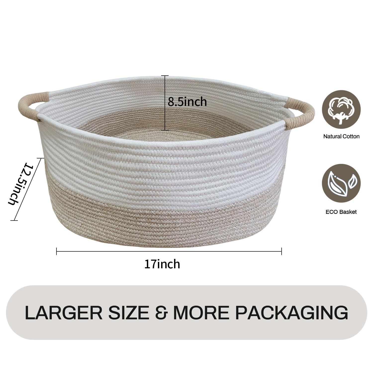 HIFEASTS Cotton Rope Storage Basket with Handles, 17 "L x 12.5" W x 8.5 "H, Home Decor Basket, Towel Basket, Cute Storage Basket for Books and Magazines (White & Light Khaki, 1 PCS)