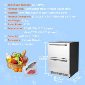 VEVOR Undercounter Refrigerator & Freezer, 24-inch Outdoor Drawer Fridge for Patio, IPX4 Waterproof SUS Beverage Refrigerators, Built-in Fridge for Home and Commercial Use, Low Noise, Rapid Cool