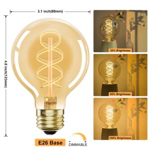 Dimmable G25 Globe LED Edison Light Bulbs 60W Equivalent, 4 PACK E26 LED Edison Bulbs 6W Equal 60 Watt Incandescent Bulb, 2200K Amber Warm G25/G80 Antique Spiral LED Decorative Light Bulbs, 90+ CRI