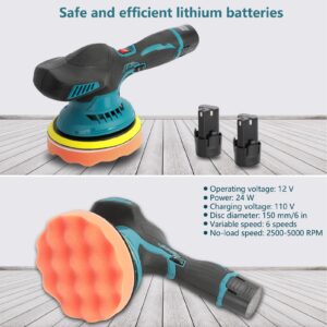 6 Inch Rotary Buffer Polisher Waxer, 6 Variable Speed 2500-5000 RPM, Battery Powered Cordless Powerful Motor Ergonomic Handle Car Polishing Dual Action Car Buffer Polisher