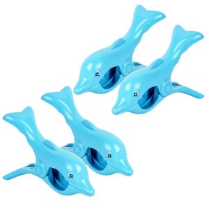 globlegarden dolphin beach towel clips, clothes plastic clips, cute animal beach chair clips for towels, windproof plastic clothespins for beach chair pool picnic camping (4 pcs, blue)