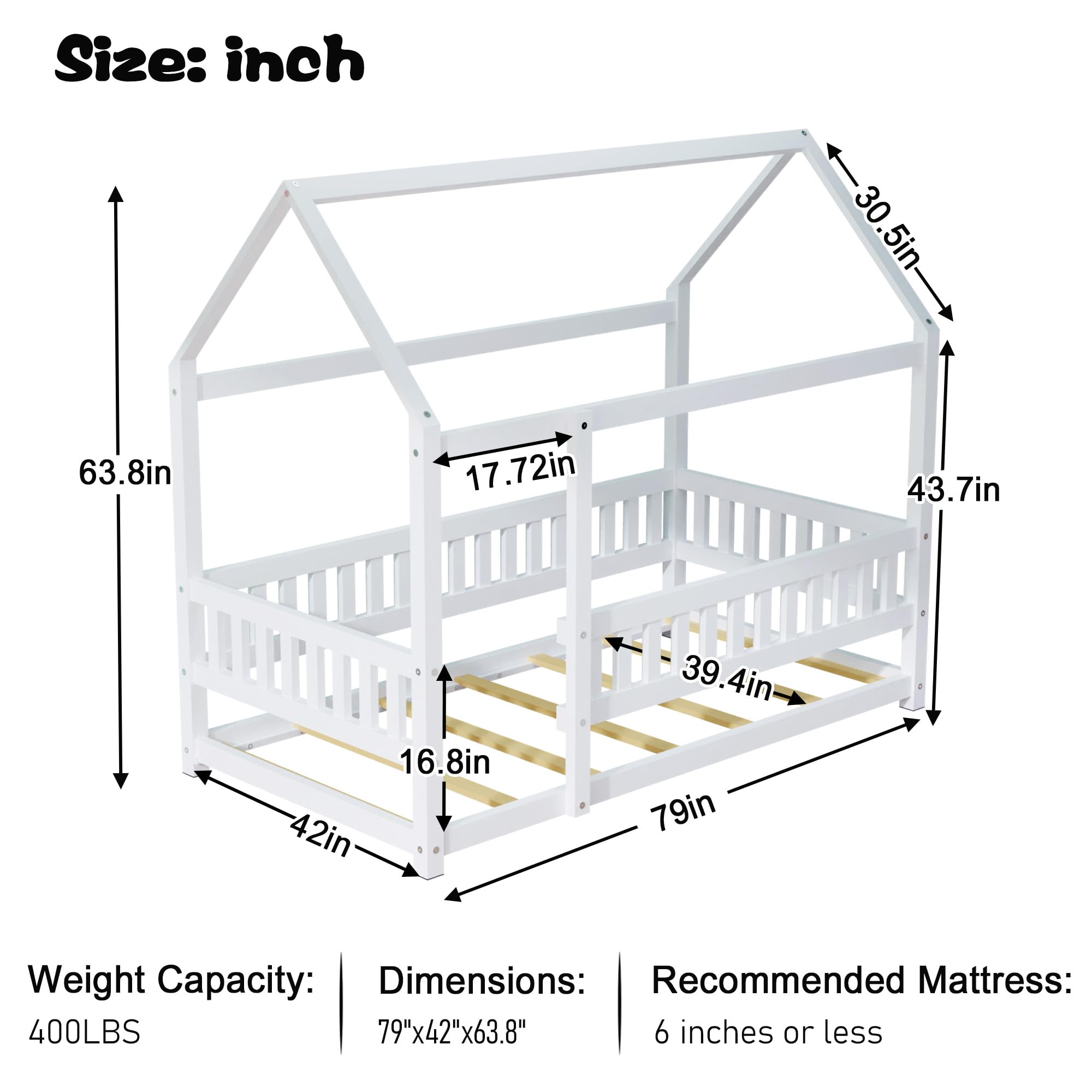 iRoll House Floor Bed Twin Size, Wood Montessori Floor Bed with High Fence & Slats Multifunctional House Bed Montessori Bed for Boys & Girls, No Box Spring Needed, Easy Assembly, White