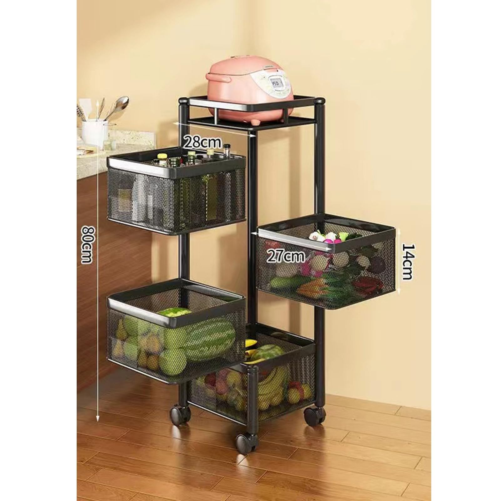 Rotating Storage Rack for Kitchen, 5-Tier Removable Basket Shelf Organizer on Rolling Wheels Rolling Shelf for Fruit Vegetable Grocery Corns Onion Potato, Black Black 5-Layers