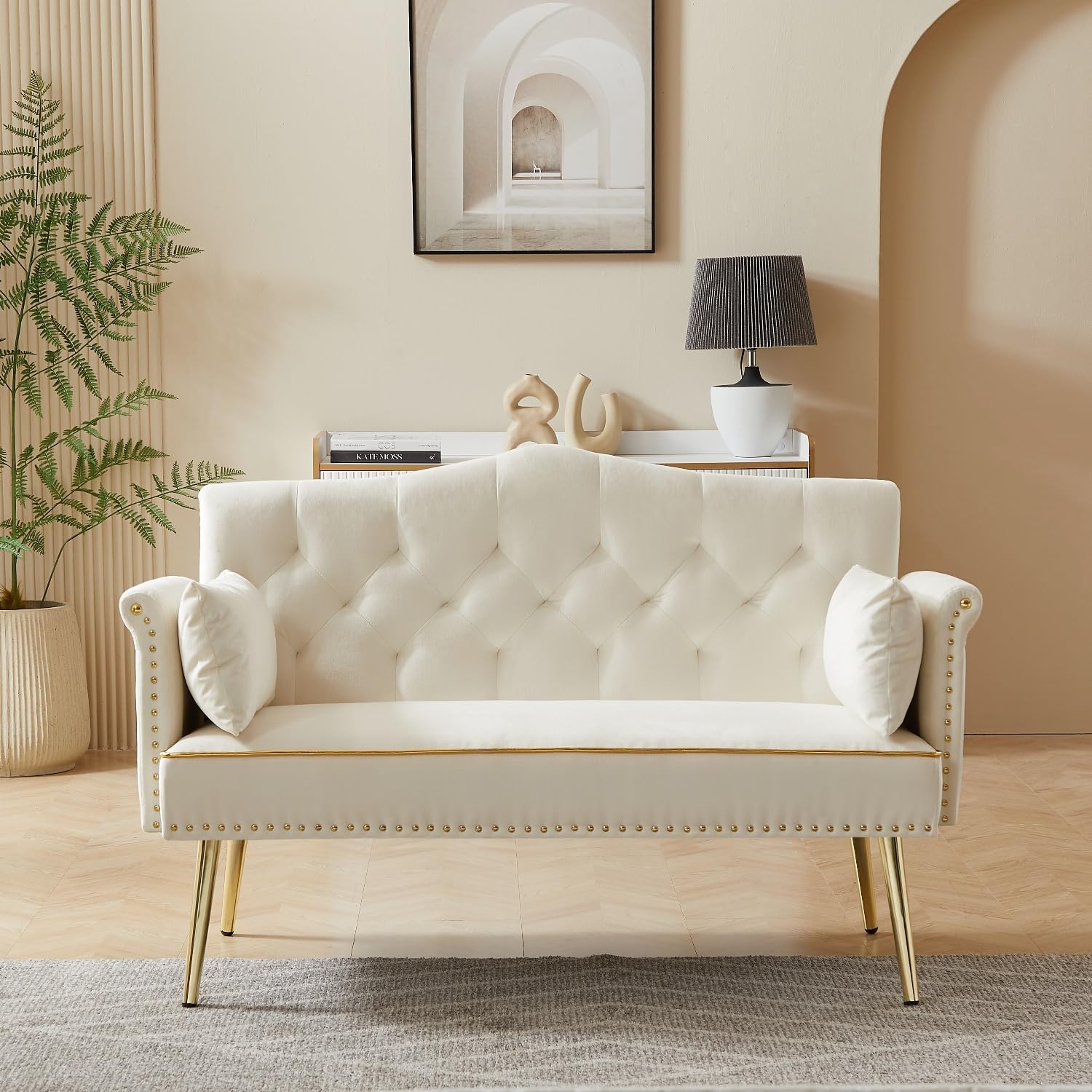 Small Velvet Loveseat Sofa with Gold Metal Legs,55-inch Modern Sofa Couch with 2 Side Pockets,Couch with Tufted Backrest for Living Room Bedroom Office (Beige)