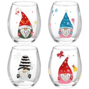 dr.dudu christmas wine glasses cups set of 4, stemless drinking glass with cute christmas gnome designs, clear wine milk drinkware party gifts for women, men, friends, holiday xmas decorations (18oz)