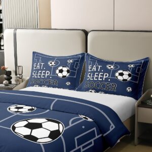 Feelyou Full(No Comforter) Soccer 100% Cotton Duvet Cover Boys Girls Football Bedding Set for Kids Teens Toddler Navy Blue Comforter Cover Set Soccer Ball Game 3Pcs Zipper