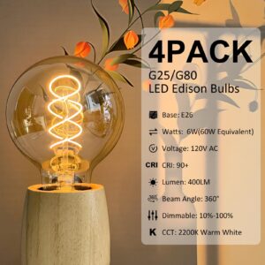 Dimmable G25 Globe LED Edison Light Bulbs 60W Equivalent, 4 PACK E26 LED Edison Bulbs 6W Equal 60 Watt Incandescent Bulb, 2200K Amber Warm G25/G80 Antique Spiral LED Decorative Light Bulbs, 90+ CRI