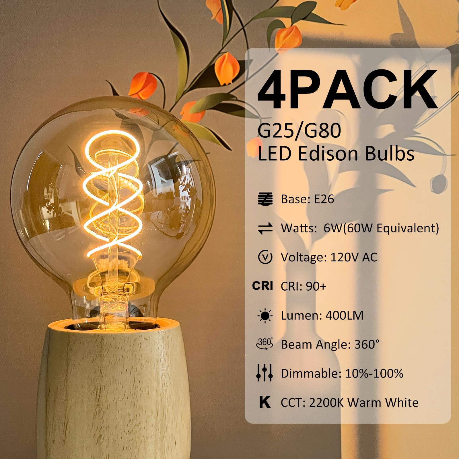 Dimmable G25 Globe LED Edison Light Bulbs 60W Equivalent, 4 PACK E26 LED Edison Bulbs 6W Equal 60 Watt Incandescent Bulb, 2200K Amber Warm G25/G80 Antique Spiral LED Decorative Light Bulbs, 90+ CRI