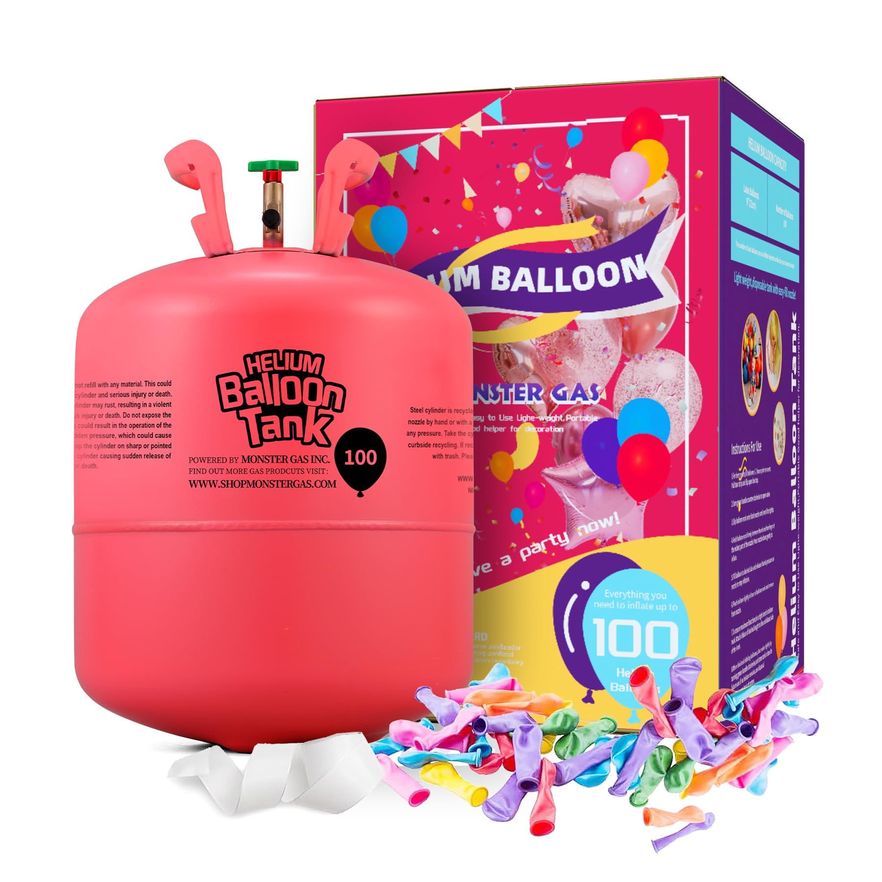 Monster Gas 22L Helium Tank For Balloons At Home, Balloon Helium Tank Up To 100 Latex Balloons, Small Helium Tanks, Attachment: 50 9" Latex Balloons+3 White Ribbon