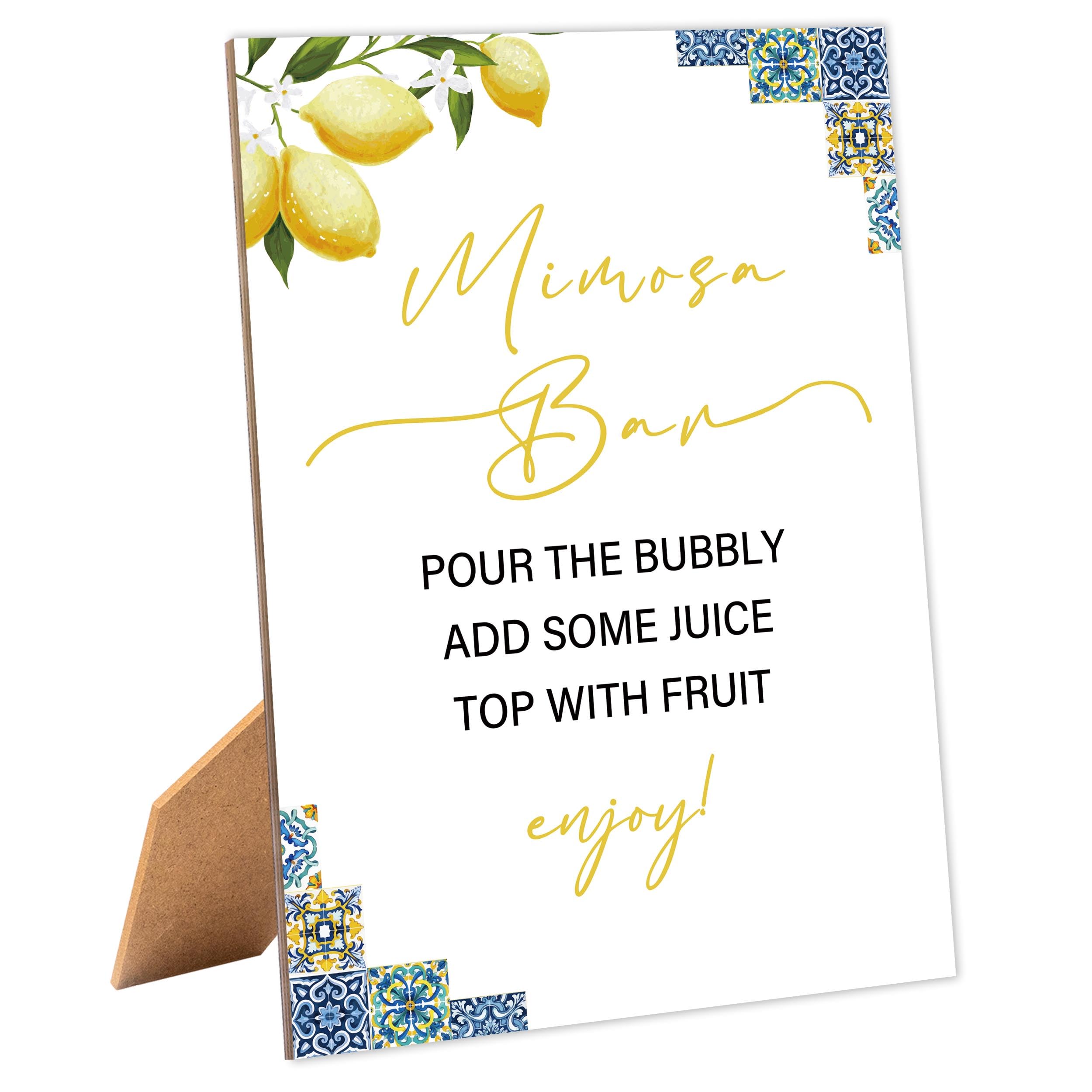 Blue Tiles and Lemons Bridal Shower Mimosa Bar Sign, Table Decor Bridal Shower Sign, Pack of 1 Wooden Tabletop Sign with Stand, Bridal Shower Decorations, Wedding Shower Supplies - XG07AB