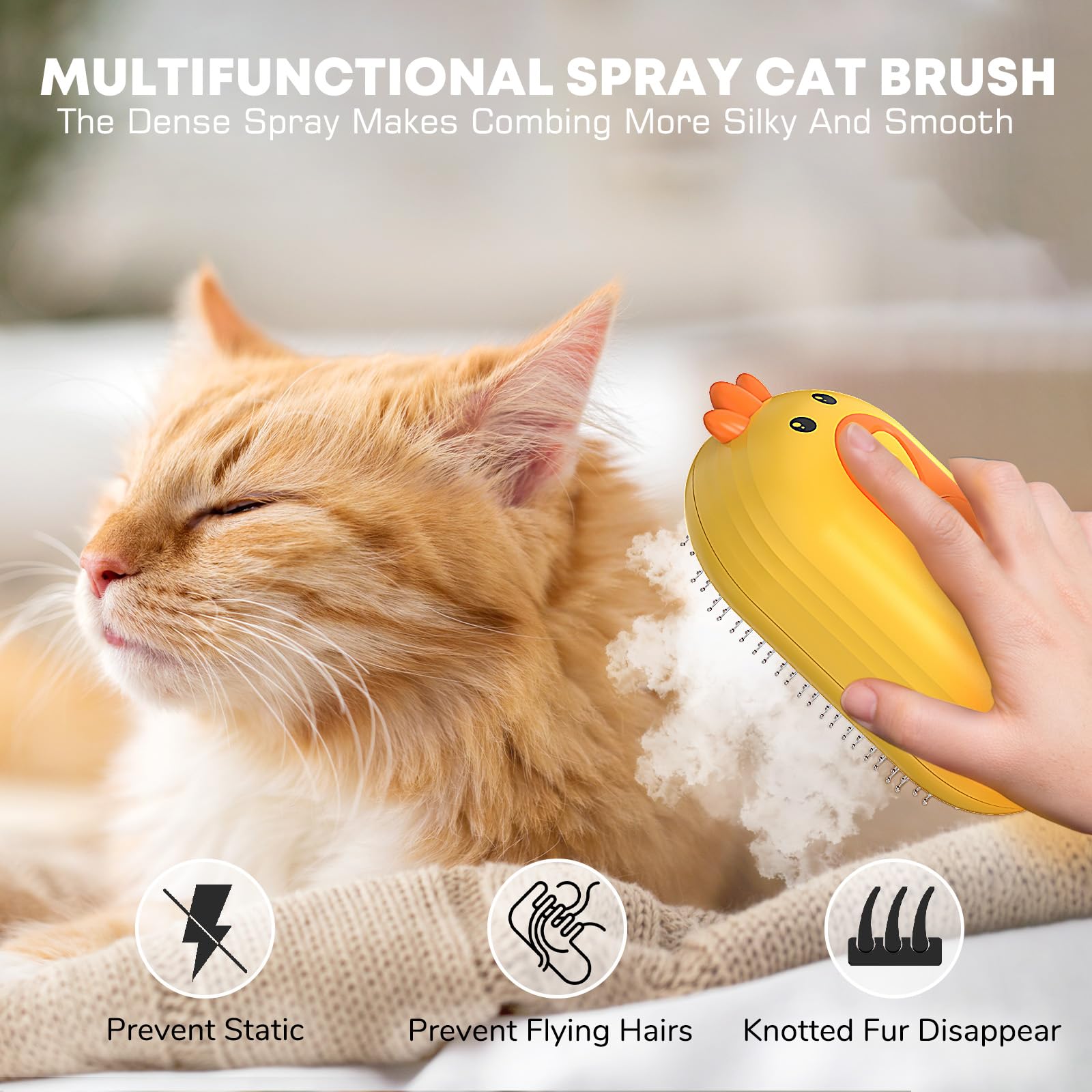 Cat Steam Brush, 3 In 1 Self-Cleaning Steam Cat Brush for Shedding with Release Button, Cat Deshedding Hair Brush with Steam for Long & Short Haired Cats and Dogs, Removes Tangled and Loose Hair