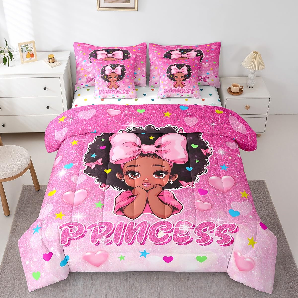 Cartoon Black Girls 7Pcs Comforter Set King Size,Pink Glitter Bow Love Heart Stars Print Bedding Set Kids Teens Woman Room Decor,Kawaii African Theme Child Fitted Flat Sheet Lovely 2 Pillow Cover