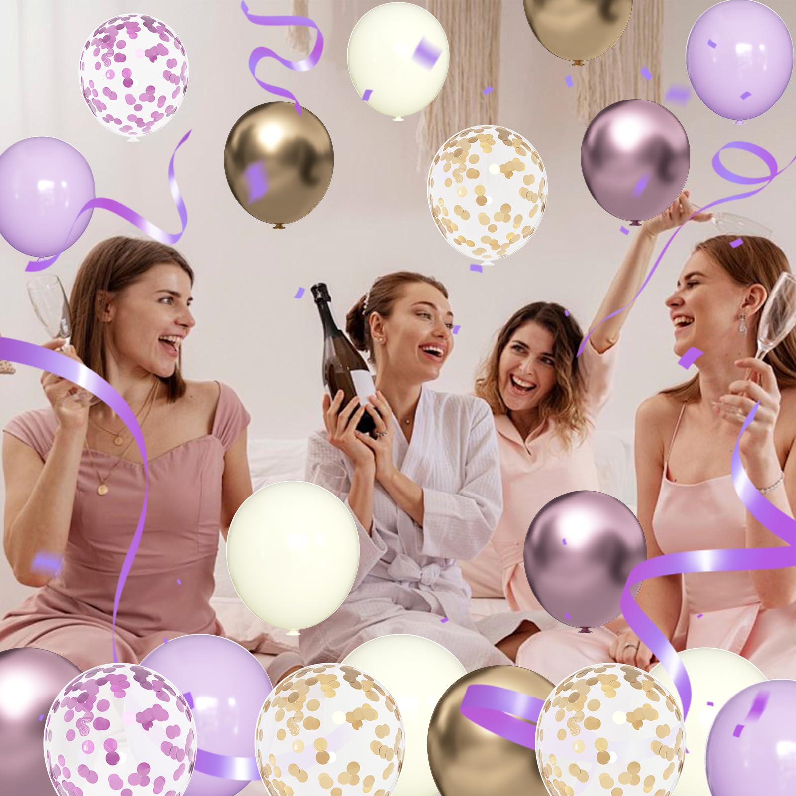 Purple and Gold Balloons, 60pcs 12inch Metallic Lavender and Champagne Balloons, White and Light Purple Balloons with Confetti Balloons for Graduation Wedding Birthday Anniversary Ceremony Decorations