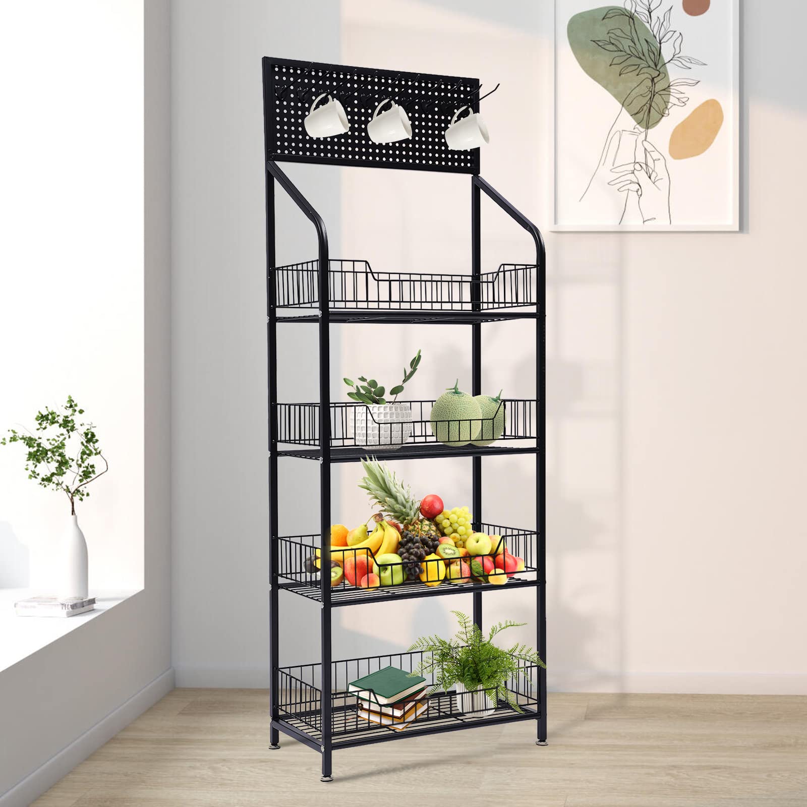 PSUFURV 4 Tier Retail Display Rack Free Standing Metal Wire Storage Shelf Cart with Wheels & 5 Metal Hooks Snack Candy Display Organizer for Bedrooms, Kitchens - 19.6" L x 10.6" D x 55" H