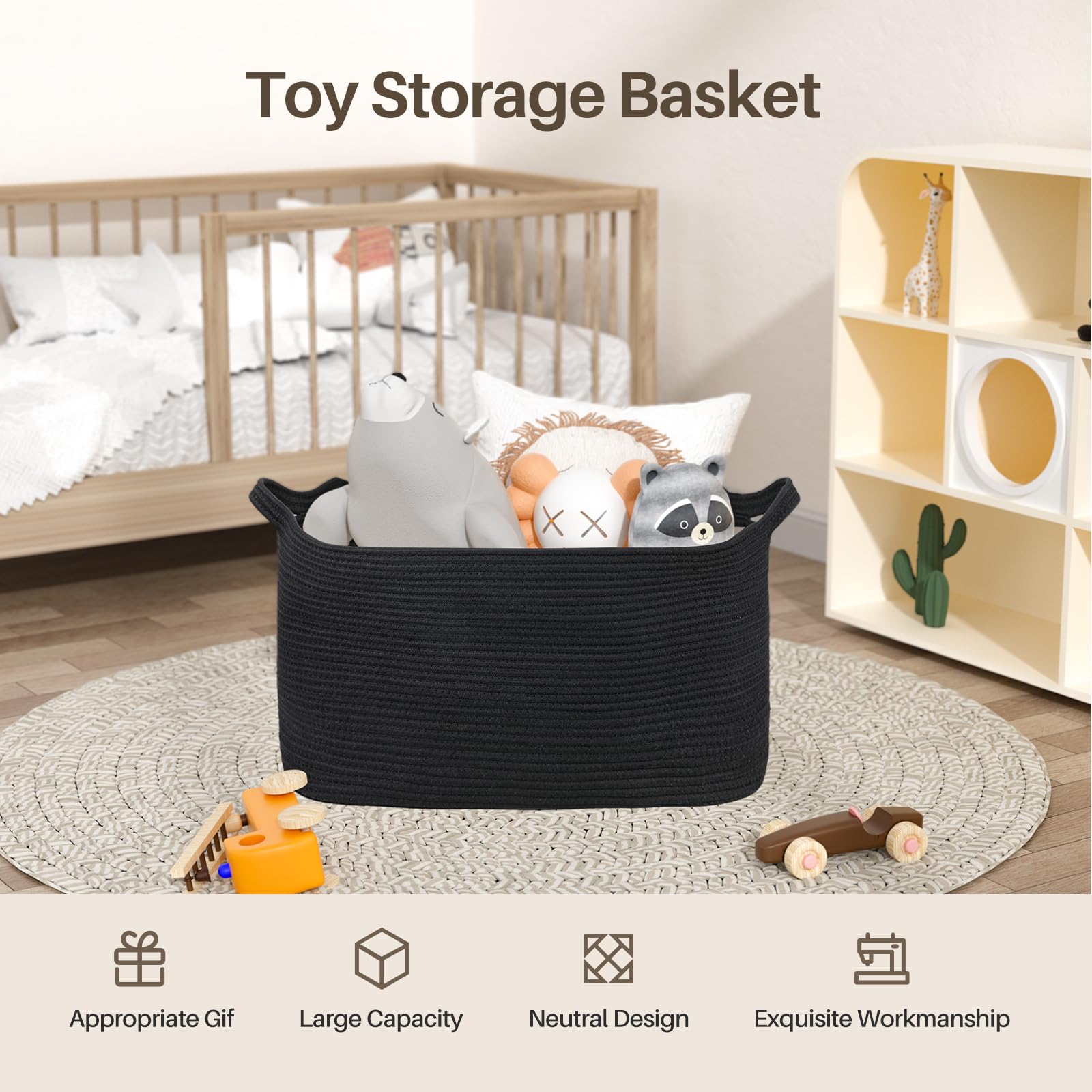 InnJoey 2PCS Large Blanket Basket, Cotton Rope Basket with Handles for Bathroom, Black Basket for Bedroom, Living Room, Nursery, Laundry room and Bathroom