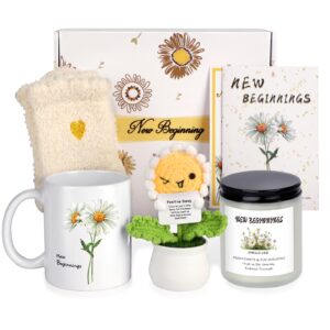 extrogif new beginnings gifts for women - coffee mug, scented candles, daisy positive crochet flowers, gift baskets for graduation, coworker farewell leaving, goodbye, going away, new job, divorce