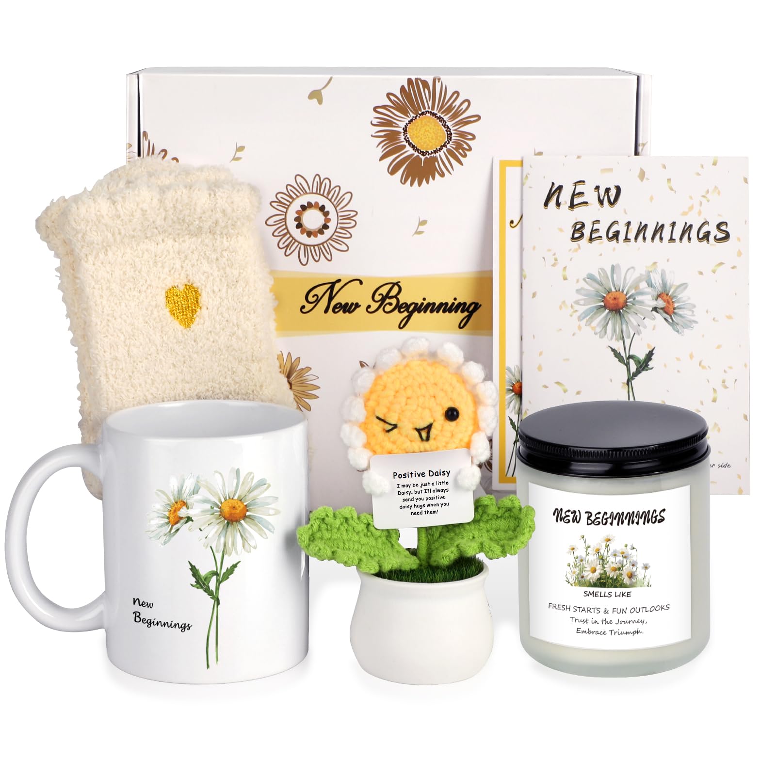 Extrogif New Beginnings Gifts for Women - Coffee Mug, Scented Candles, Daisy Positive Crochet Flowers, Gift Baskets for Graduation, Coworker Farewell Leaving, Goodbye, Going Away, New Job, Divorce