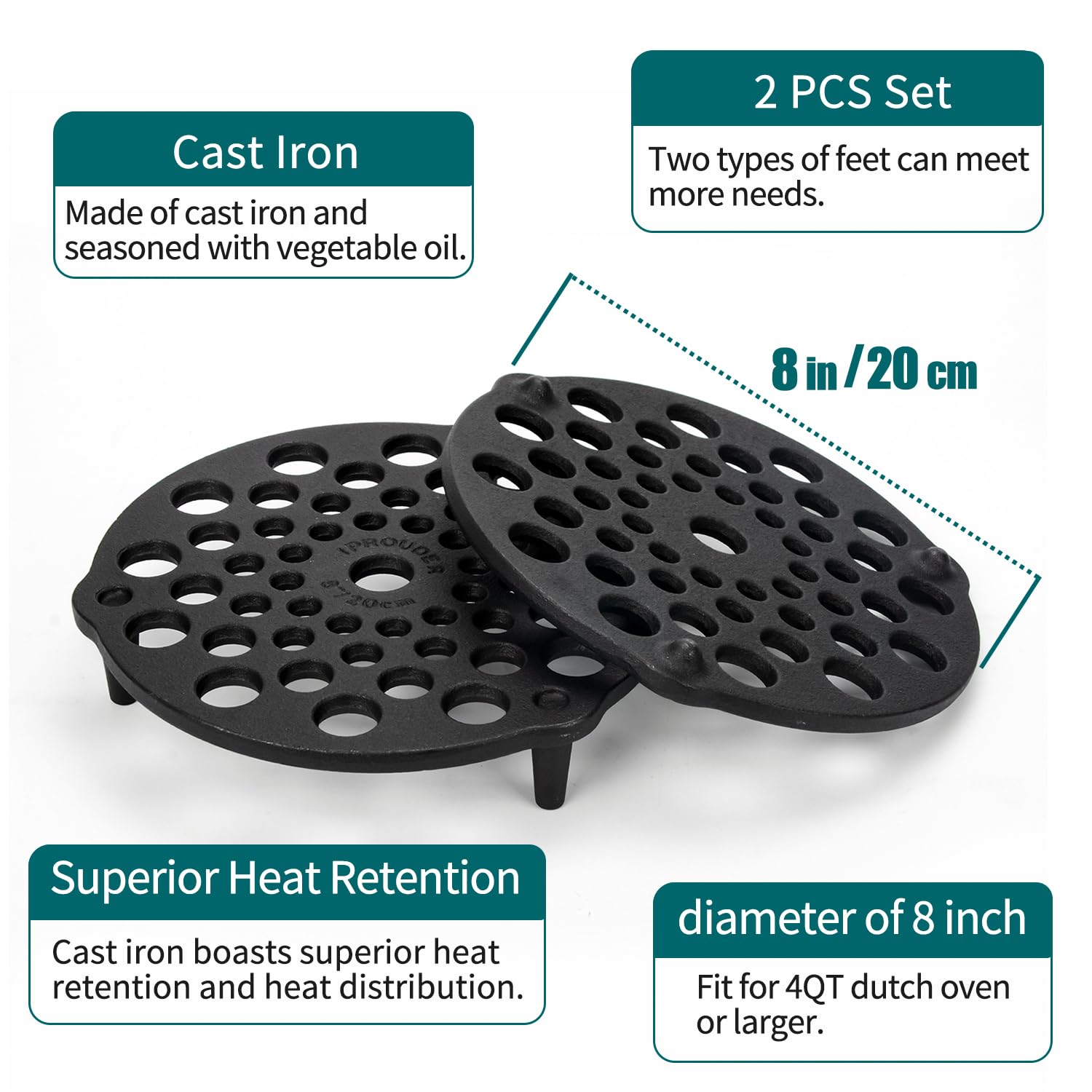 IPROUDER Cast Iron Trivet 2 PCS Set, 8-inch, Meat Rack, Cast Iron Grate for Dutch Ovens, Raise Food in Dutch Oven, Used as Burner Diffuser, Use Directly on Camp Fire, Used as Trivet on Table