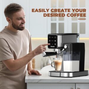 TENKER Espresso Machine 20 Bar, Cappuccino Machine with Automatic Milk Frother, Latte Machine in Stainless Steel Design, 1350W Touchscreen Coffee Maker for Home and Office (Silver)