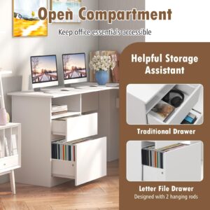 GOFLAME L-Shaped Desk, 59" Corner Computer Desk with File Drawer & Open Shelf, Large Workstation w/ 2 Cable Management Holes, Writing Study Desk for Home Office, White