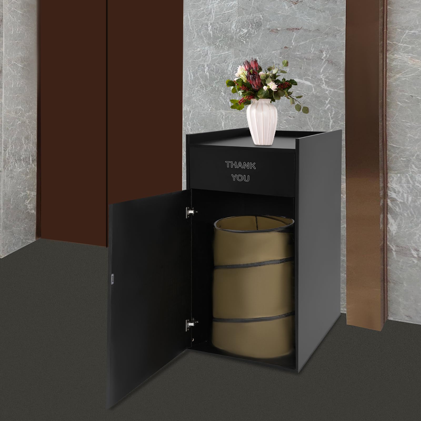 Restaurant Trash Bin Cabinet, 22"x22"x46" Garbage Can Commercial with A Foldable Canvas Trash Bag Inside, Garbage Receptacle Indoor with Tray Holder for Restaurants, Cafeterias (Black)