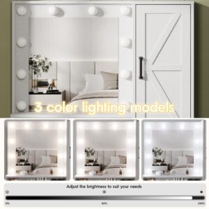 Fameill Vanity Desk with Mirror and Lights,Make up Vanity with Chair and Outlet,Dressing Table with Jewelry Cabinet, Bedroom Vanity with 2 Drawers, 3 Lighting Colors,36.4 inch,White