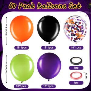 Sratte 60pcs Balloons Kit 12 Inch Confetti Balloons with 2 Rolls Ribbon Latex Balloon Party Favor Metallic Balloons for Birthdays Baby Shower Wedding Graduation Decorations (Orange,black,purple,green)