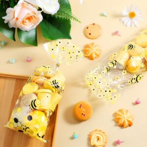 Styquenzer 100Pcs Bee Party Bags Honey Bee Plastic Candy Bags Yellow Honey Bee Treat Bags Goodie Bags Bee Gift Bags with Gold Twist Ties for Gender Reveal Party Supplies