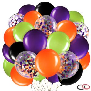 sratte 60pcs balloons kit 12 inch confetti balloons with 2 rolls ribbon latex balloon party favor metallic balloons for birthdays baby shower wedding graduation decorations (orange,black,purple,green)