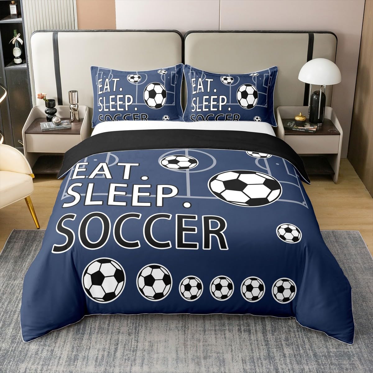 Feelyou Twin(No Comforter) Soccer 100% Cotton Duvet Cover Boys Girls Football Bedding Set for Kids Teens Toddler Navy Blue Comforter Cover Set Soccer Ball Game 2Pcs Zipper