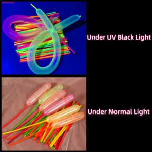 100Pcs UV Neon Long Skinny Balloons, Twisting UV Black Light Glow in the Dark Luminous DIY Modeling Magic Latex Balloon for Birthday Wedding Anniversary Graduation Blacklight Neon Party Decoration