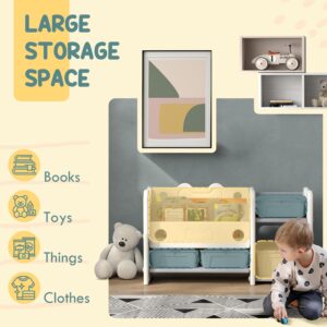 Qaba Kids Toy Storage, 2 Tier Toy Organizer with 4 Storage Boxes & Bookshelves for Kids Room, Nursery, Playroom, Cream White