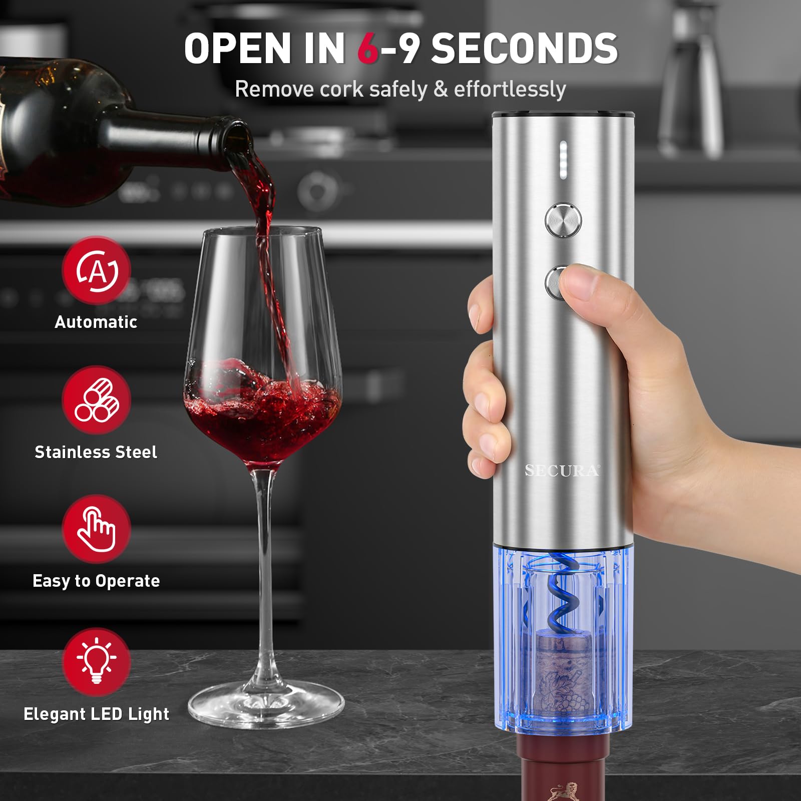 Secura Stainless Steel Electric Wine Opener, Rechargeable Automatic Home Wine Bottle Opener with Foil Cutter & Charging Cable, Reusable Corkscrew Wine Opener Electric for Wine Lovers, Silver