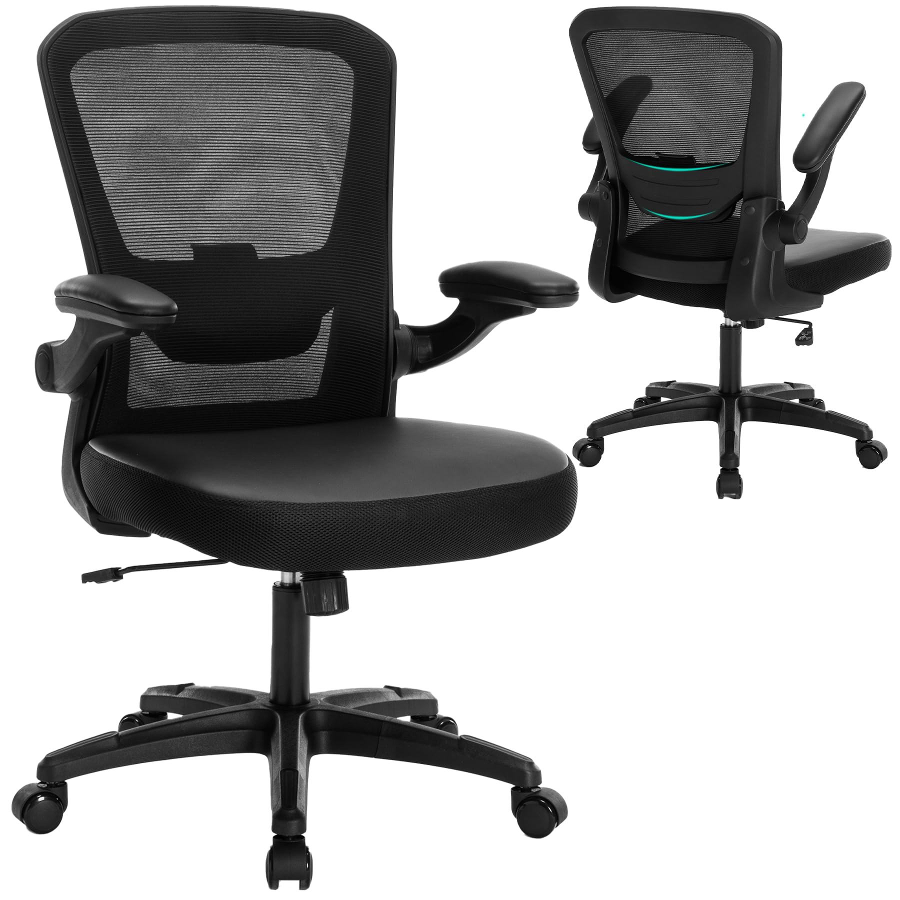 TOPBSHODC Office Chair Ergonomic Mesh PU Leather Desk Chair,Executive Computer Chair with Lumbar Support Flip up Arm,Swivel Rolling Home Office Chair with Adjustable Height,Black Task Chair with Wheel