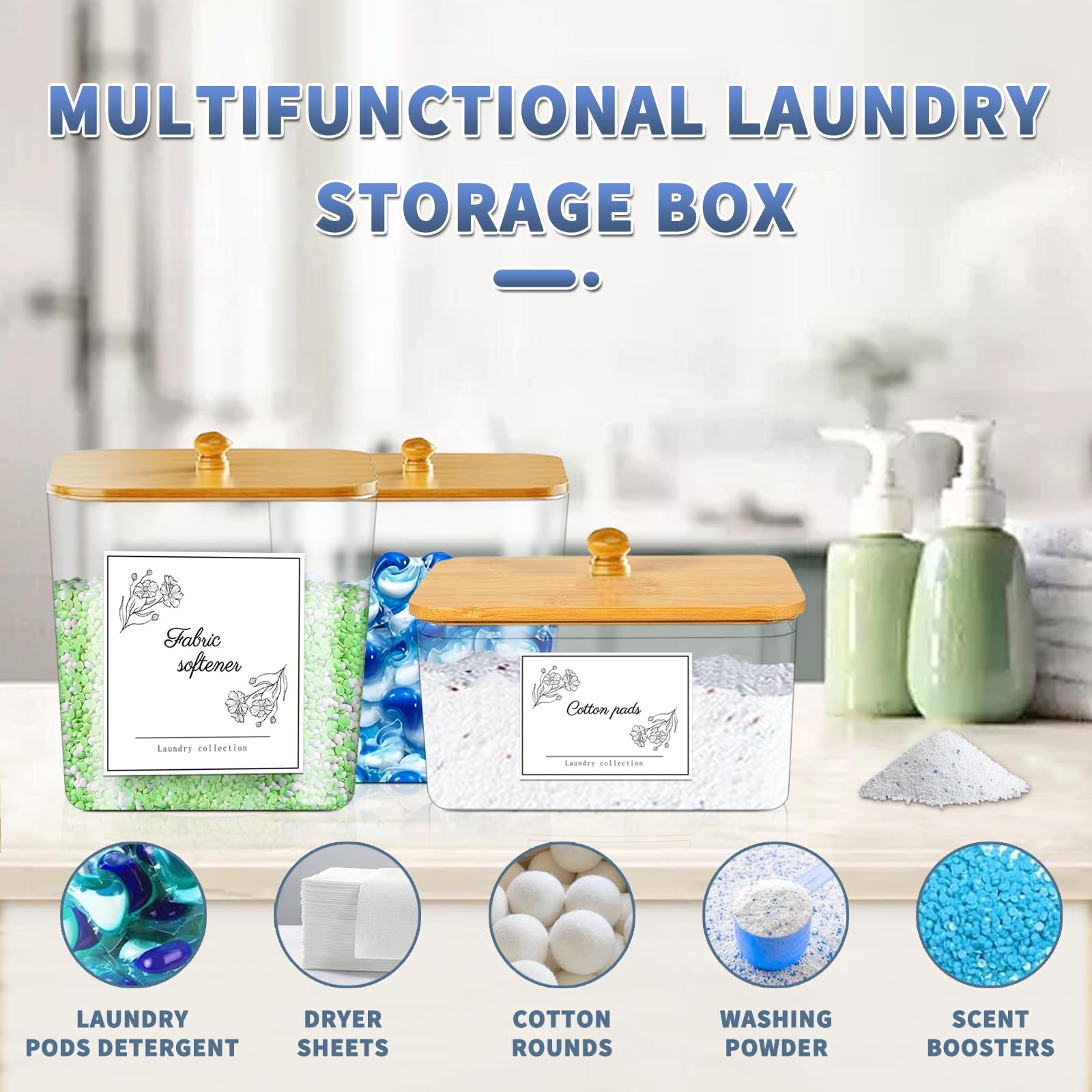 Laundry Room Organization Storage Containers: Laundry Pods Container Dryer Sheet Holder Organizing Storage Jars with Bamboo Lids & 2 Scoops & Labels - for Detergent Powder Scent Booster Beads (3pcs)