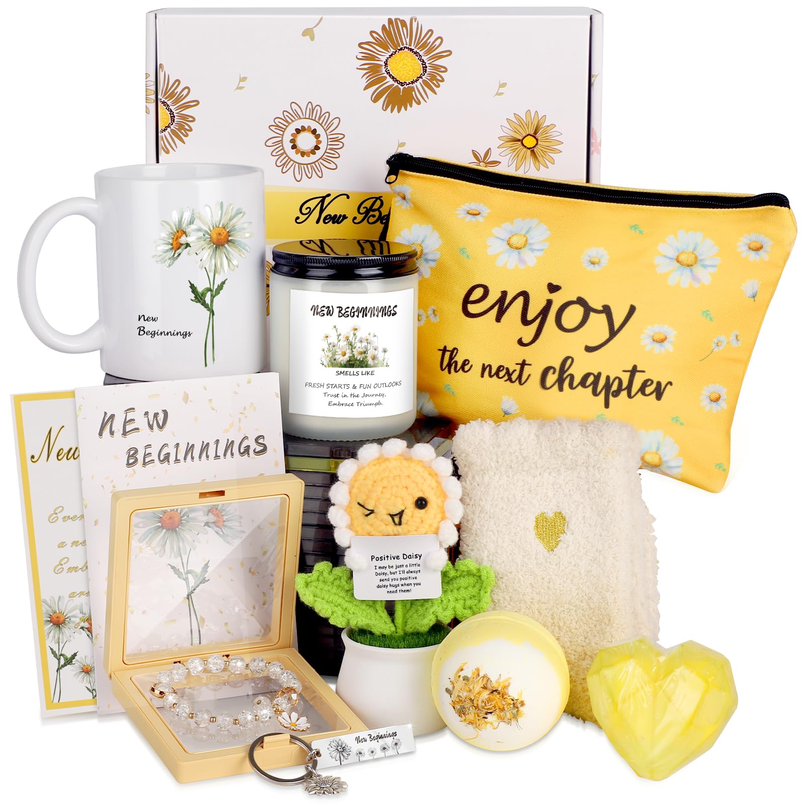 Extrogif New Beginning Gifts for Women - Daisy Coffee Mug, Candles, Positive Crochet Flowers & More, Encouragement Gift Box for Graduation, Coworker Farewell Leaving, Goodbye, Going Away, New Job