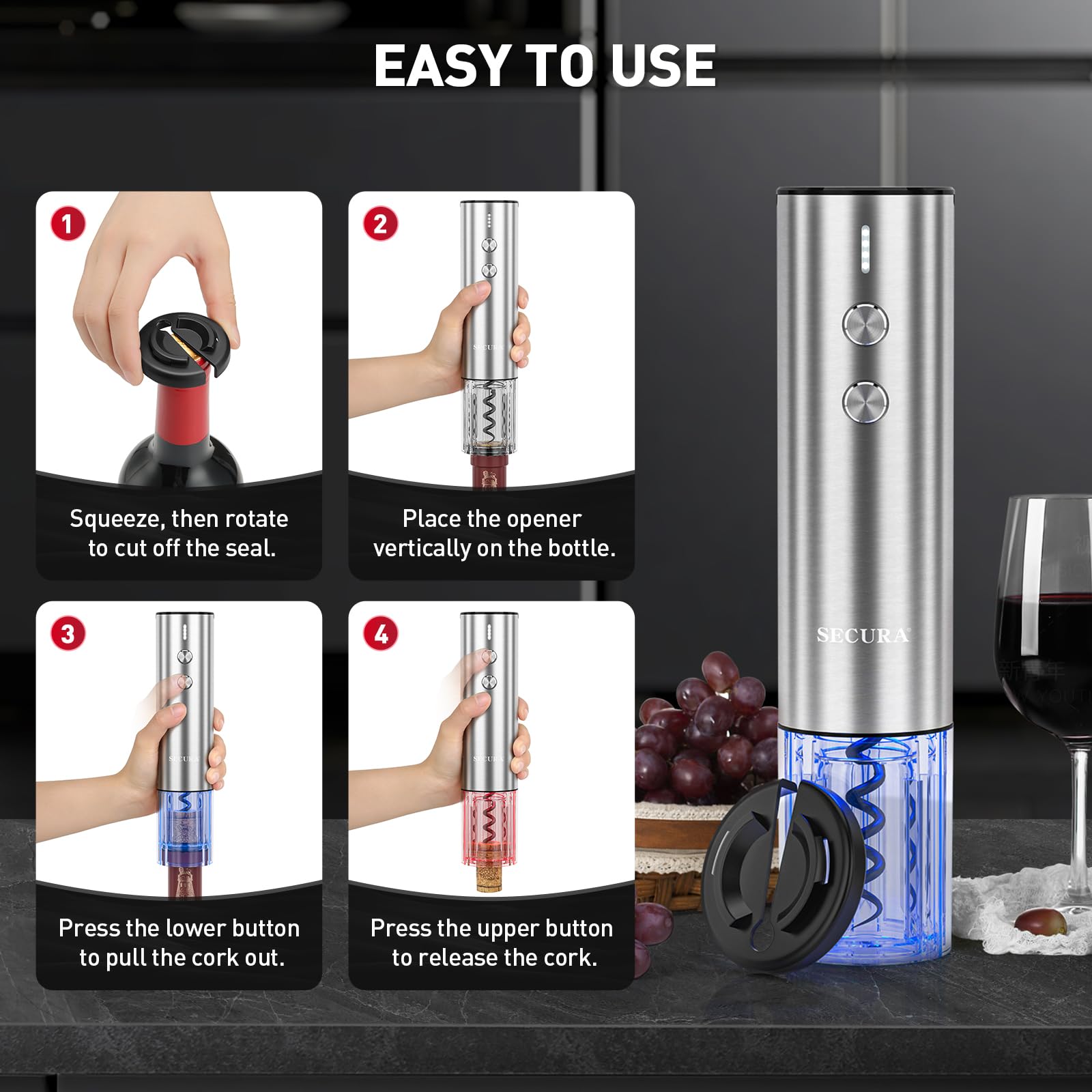 Secura Stainless Steel Electric Wine Opener, Rechargeable Automatic Home Wine Bottle Opener with Foil Cutter & Charging Cable, Reusable Corkscrew Wine Opener Electric for Wine Lovers, Silver