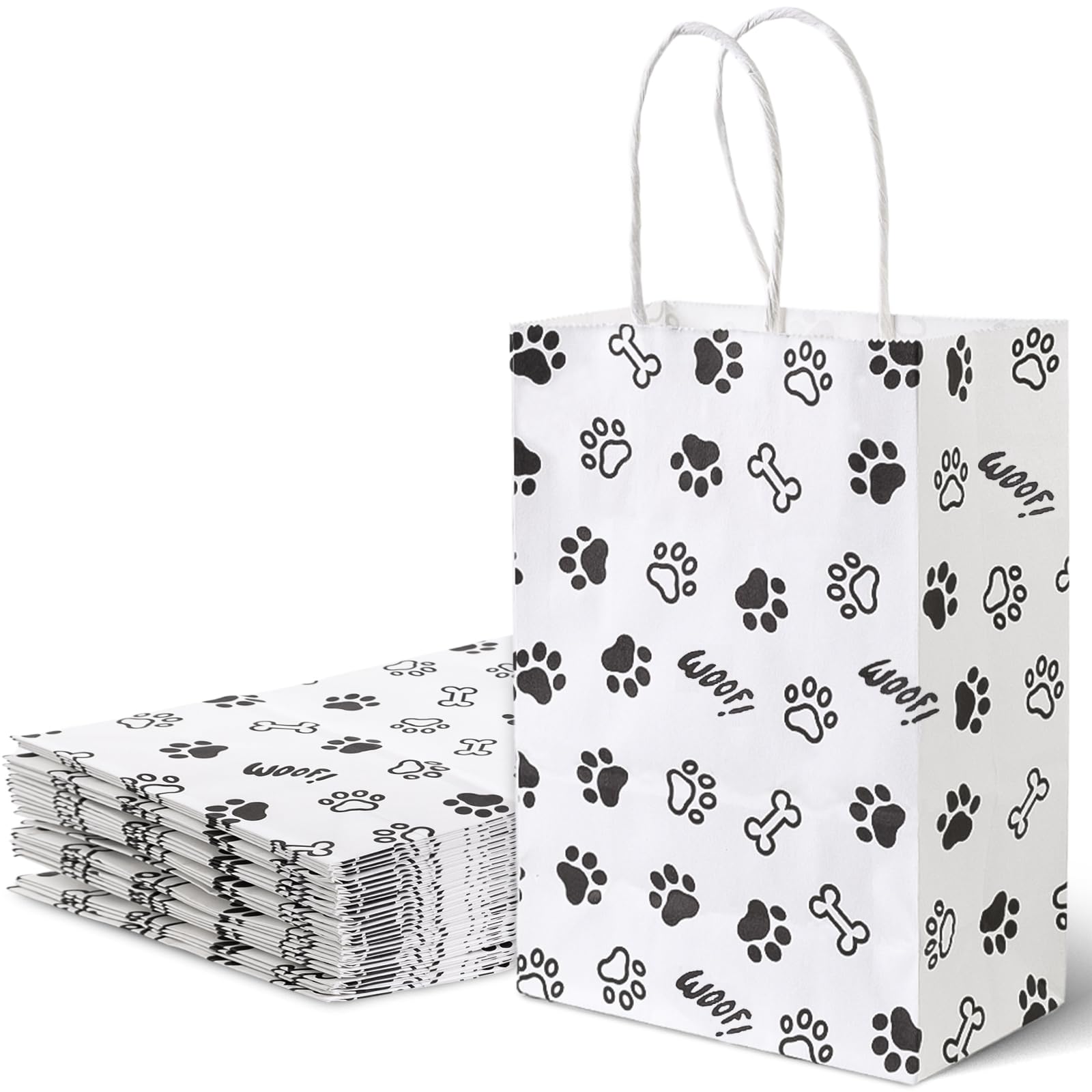 LovesTown 16PCS Gift Bags, Paper Retail Grocery Bags Dog Paw Print Goodie Bags with Paper Twist Handles for Party Gifts Birthday 5.5 x 2.8 x 7.9 inch