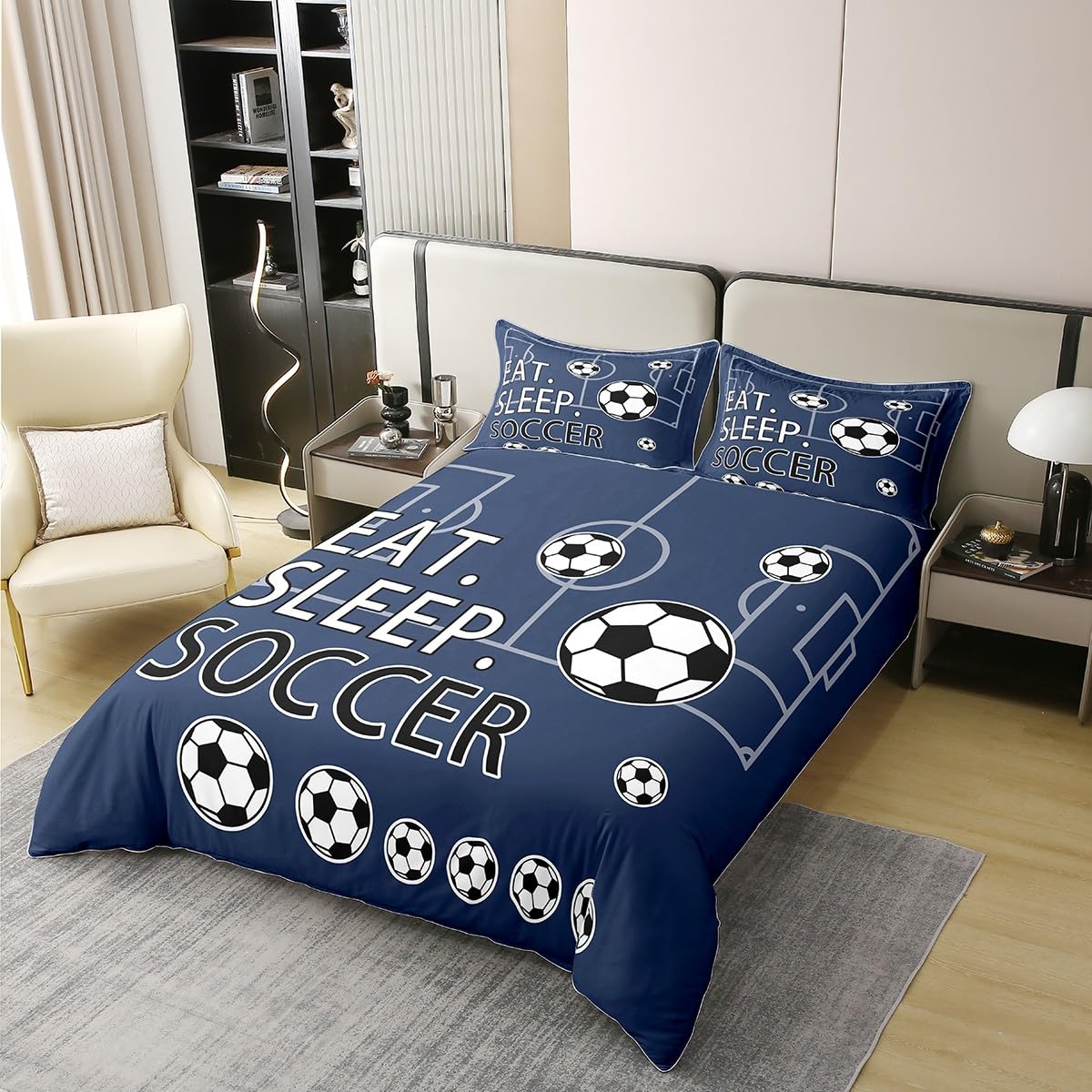 Feelyou Full(No Comforter) Soccer 100% Cotton Duvet Cover Boys Girls Football Bedding Set for Kids Teens Toddler Navy Blue Comforter Cover Set Soccer Ball Game 3Pcs Zipper