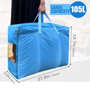 2Pack 105L Extra Large Storage Bags with Zipper, Foldable King/Queen Comforters, Quilt, Pillows, Blankets, Bedding, Clothes Storage Bags, Closet Organizers with Strong Handles&Zippers, Clear Window