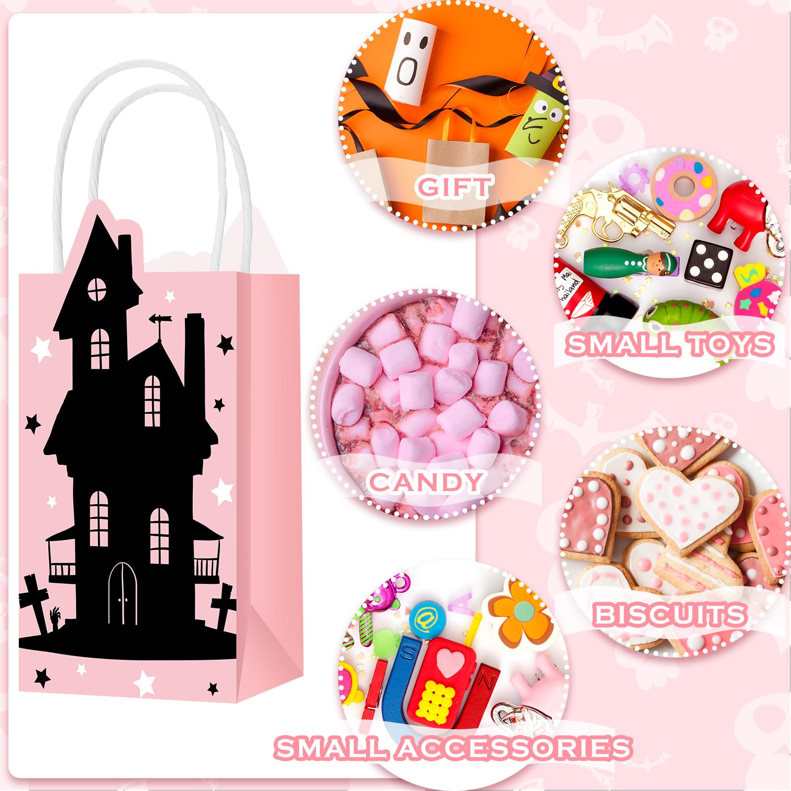 Frienda 16 Pcs Pink and Black Halloween Party Favor Bags with Handle Pink Halloween Treat Bags Paper Gift Goodie Bags for Kids Birthday Baby Shower Party Supplies (Spooky House)