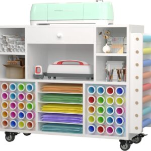 Craft organization and storage Cart Compatible with Cricut Machine, Rolling Craft Organizer With large drawer & 48 Vinyl Roll Holder, Crafting Cabinet Table Workstation for Craft Room Home