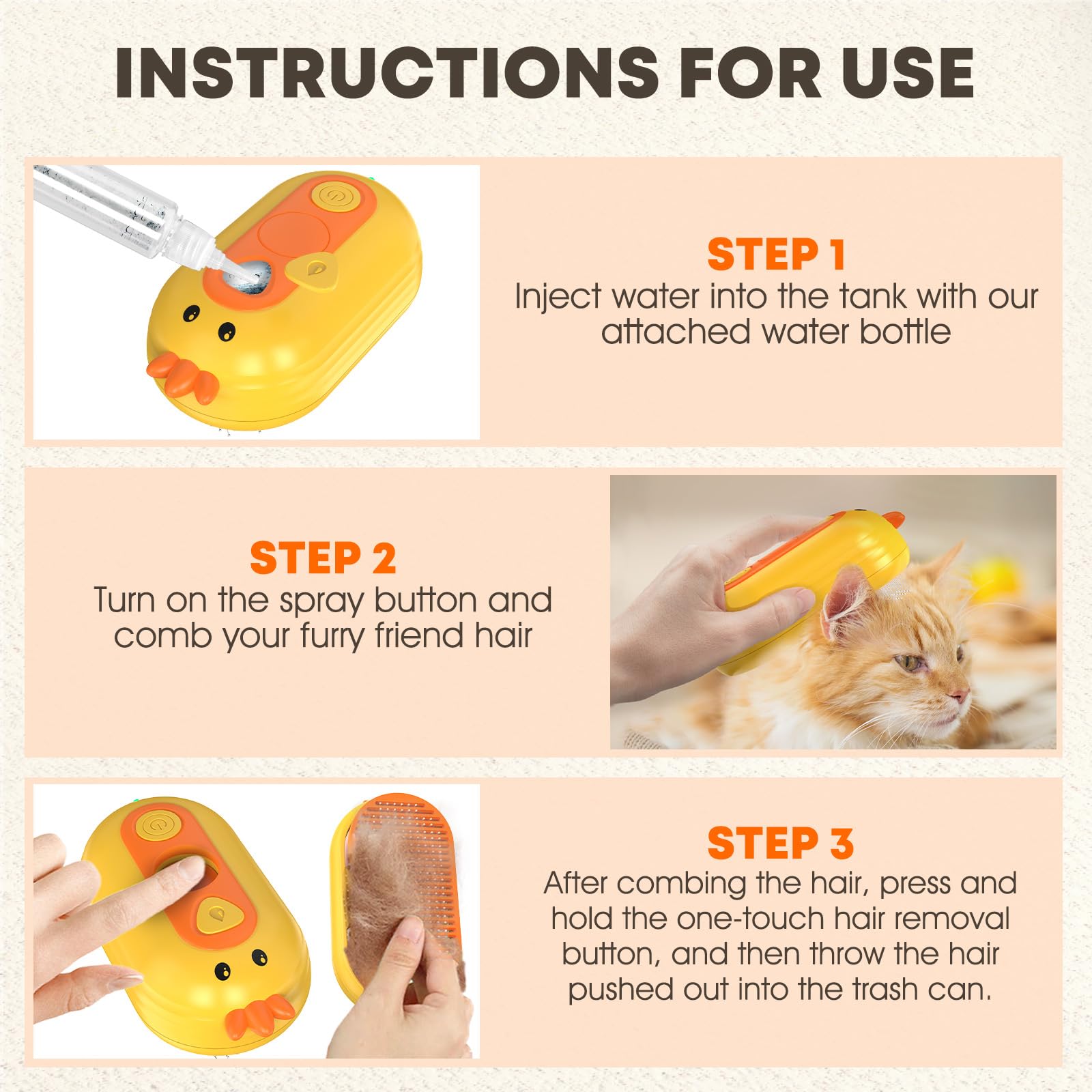 Cat Steam Brush, 3 In 1 Self-Cleaning Steam Cat Brush for Shedding with Release Button, Cat Deshedding Hair Brush with Steam for Long & Short Haired Cats and Dogs, Removes Tangled and Loose Hair