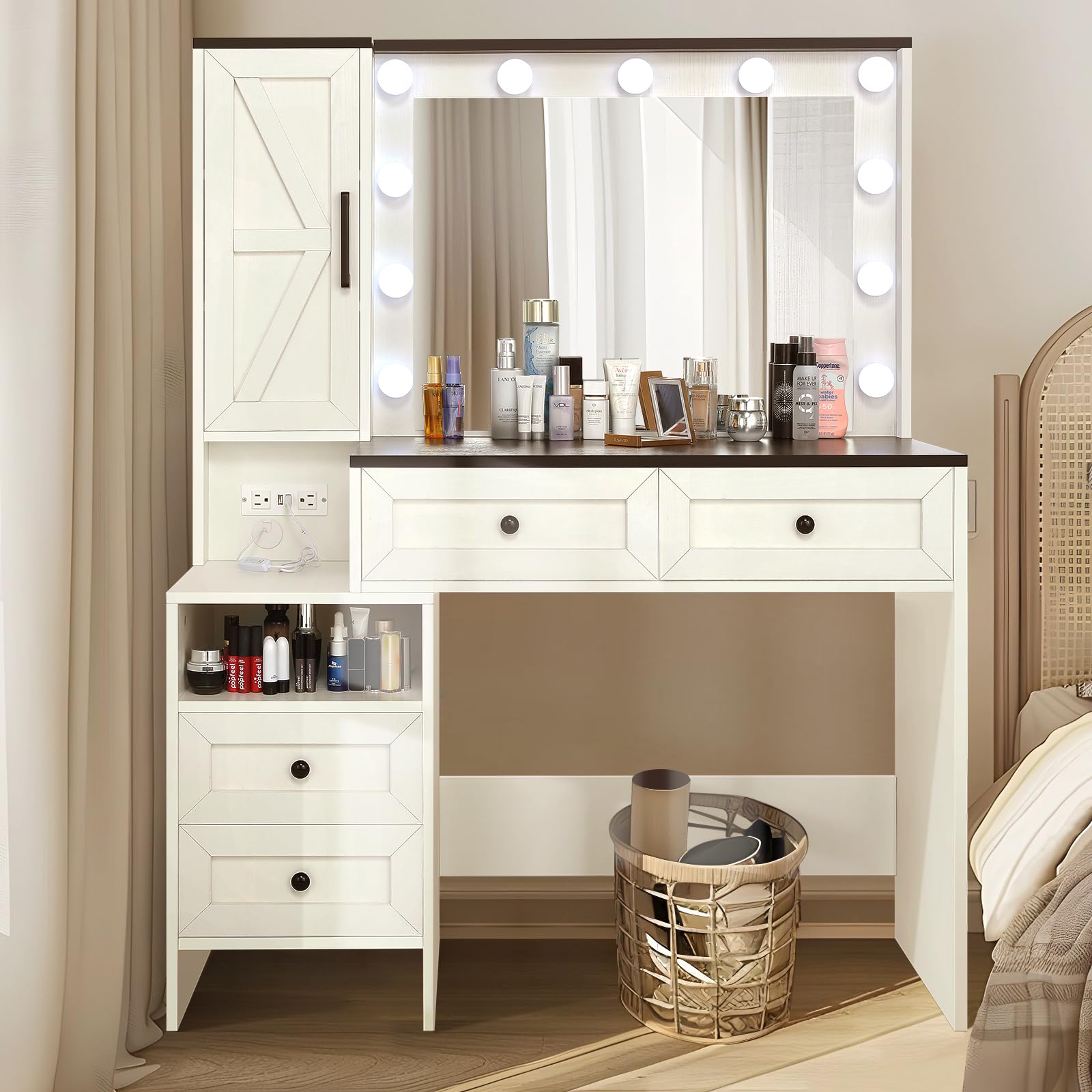 elifine Vanity with Lighted Mirror - Farmhouse Makeup Vanity Desk with 4 Drawers, 1 Cabinet and Power Outlet, 3 Color Lighting Modes Adjustable Brightness