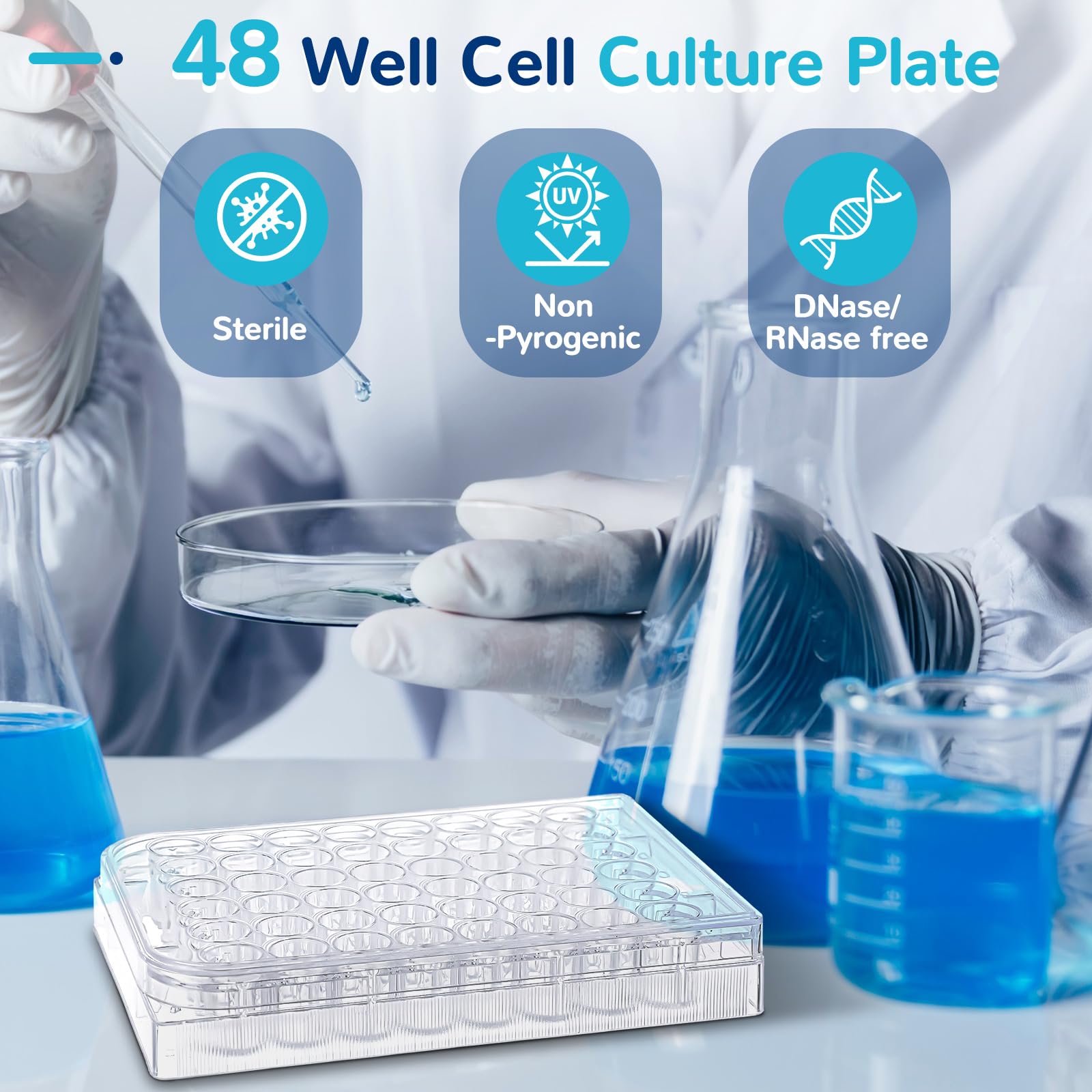 Tellegloww 1 Pack Disposable Sterile Flat Tissue Cell Culture Plates with Lid Tissue Culture Treated Plate for Lab Cell Culture, Clear (48 Well)