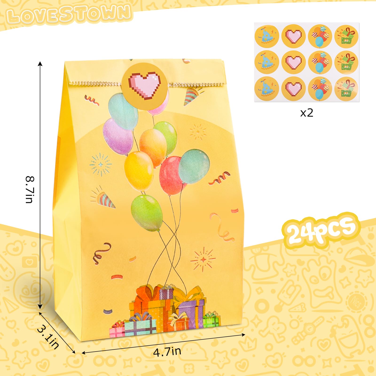 LovesTown 24PCS Party Favor Bags, 4.7"x 3.1"x 8.7" Colorful Treat Bags Balloon Paper Bags Goodie Bags with Stickers for Birthday Party Baby Shower Holiday Celebration