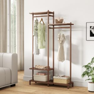 KASLANDI Solid Wood Clothes Rack,Garment Rack for Hanging Clothes,Walnut Clothing Rack with Shelves,Portable Clothes Rack,Double Clothing Rack, Freestanding Clothing Rack for Entryway and Bed Room