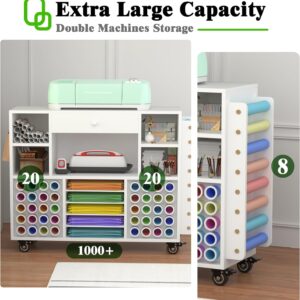 Craft organization and storage Cart Compatible with Cricut Machine, Rolling Craft Organizer With large drawer & 48 Vinyl Roll Holder, Crafting Cabinet Table Workstation for Craft Room Home