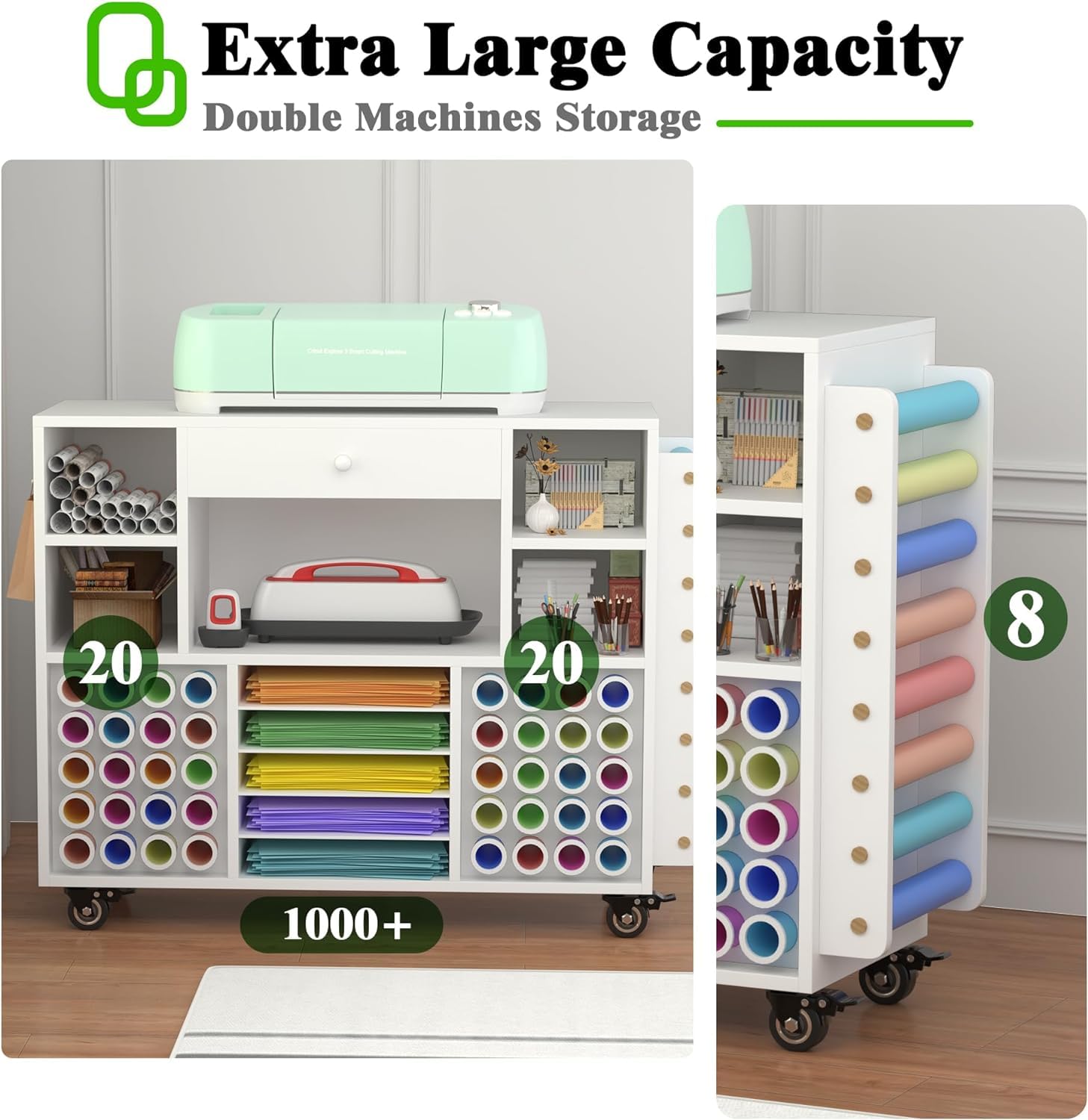 Craft organization and storage Cart Compatible with Cricut Machine, Rolling Craft Organizer With large drawer & 48 Vinyl Roll Holder, Crafting Cabinet Table Workstation for Craft Room Home